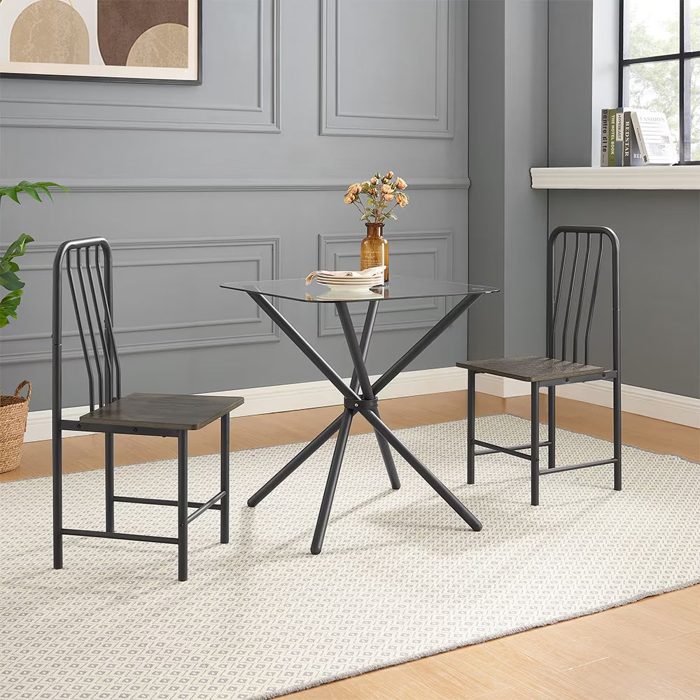 Modern Black & Brown Dining Set for Two | Tempered Glass Top Table with Metal Chairs | Small Space Furniture
