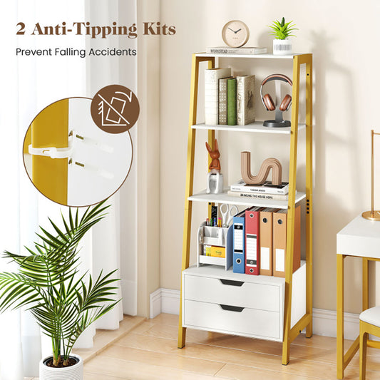 4-Tier Ladder Shelf with 2 Drawers – 52.5” Freestanding Bookcase for Living Room & Office