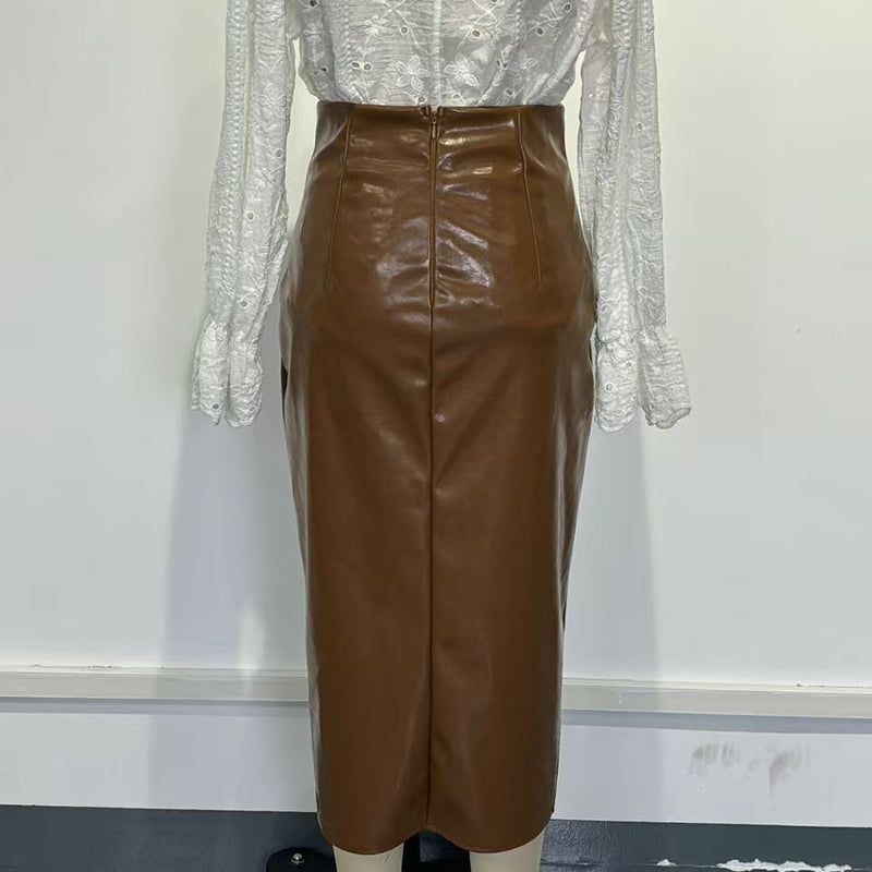Women's Faux Leather Bodycon Skirt - High Waisted Slim Fit Midi Skirt With Front Slit & Button Decor