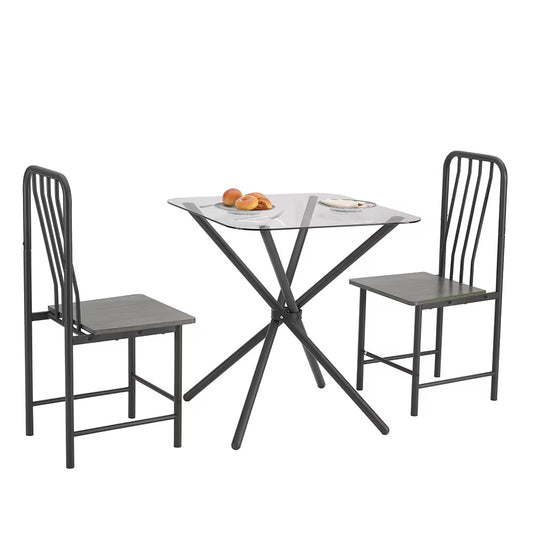Modern Black & Brown Dining Set for Two | Tempered Glass Top Table with Metal Chairs | Small Space Furniture