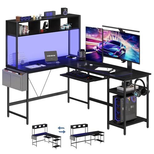 L Shaped Gaming Desk 67, Reversible Computer Desks With Led Lights Corner Table With Keyboard Tray Side Bag Storage Shelf Metal Frame