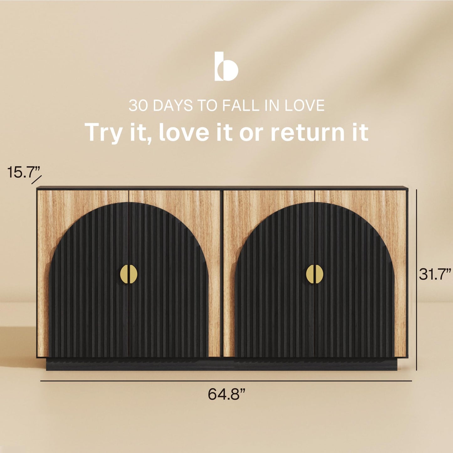 Cabinet with Storage, BELLEZE 65 Inch Fluted Buffet, Symmetrical Arc Accent Sideboard Large Console Table for Dining Room, Kitchen, and Living Room (Camel)