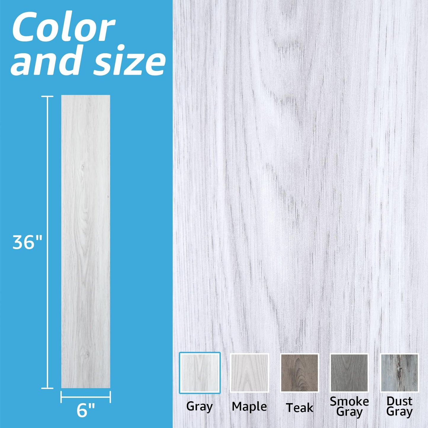 Stick Floor Tiles, 10Pcs Luxury Vinyl Plank Flooring Wood Look, 36" × 6" Adhesive and Waterproof Tile Sticker for Bedroom, Living Room, Kitchen, White/Grey