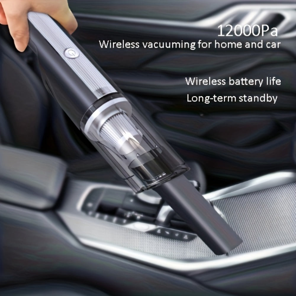 Handheld vacuum cleaner being used inside a car with text highlighting features.
