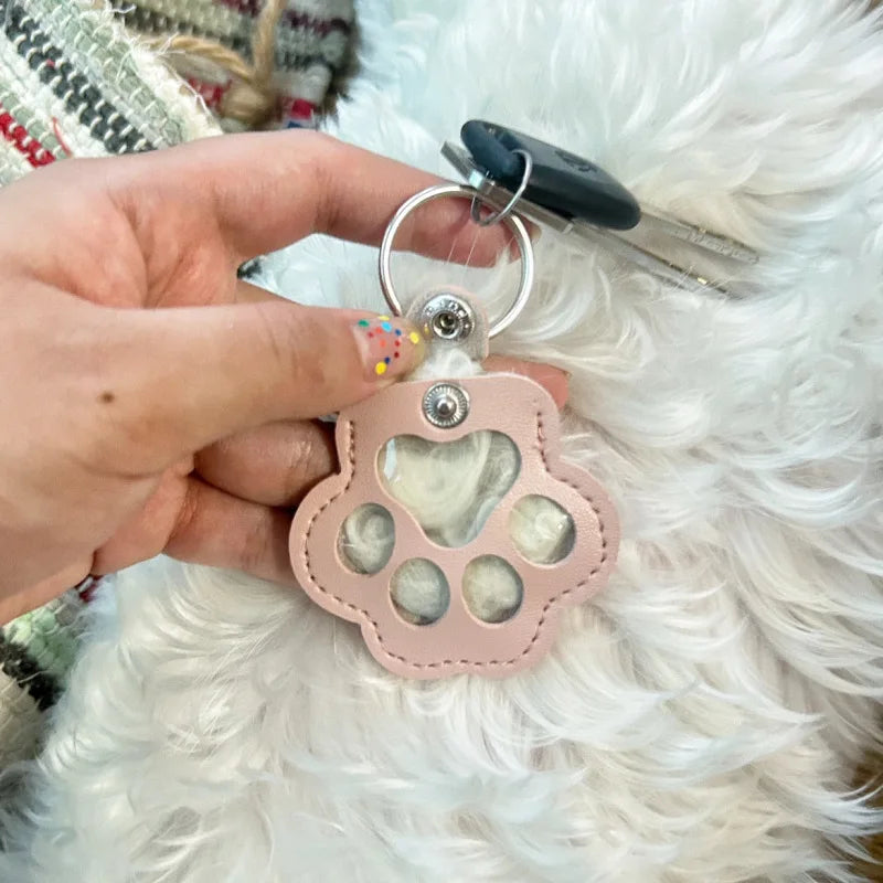 Leather Pet Hair Keepsake Keychain with Cat Paw Charm