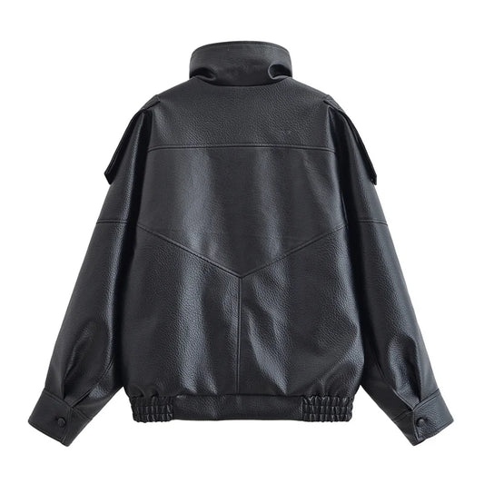 Women's Jacket Fall 2025 New Black Long Sleeve Pebble Faux Leather Jacket Motorcycle Style Personality Fashion