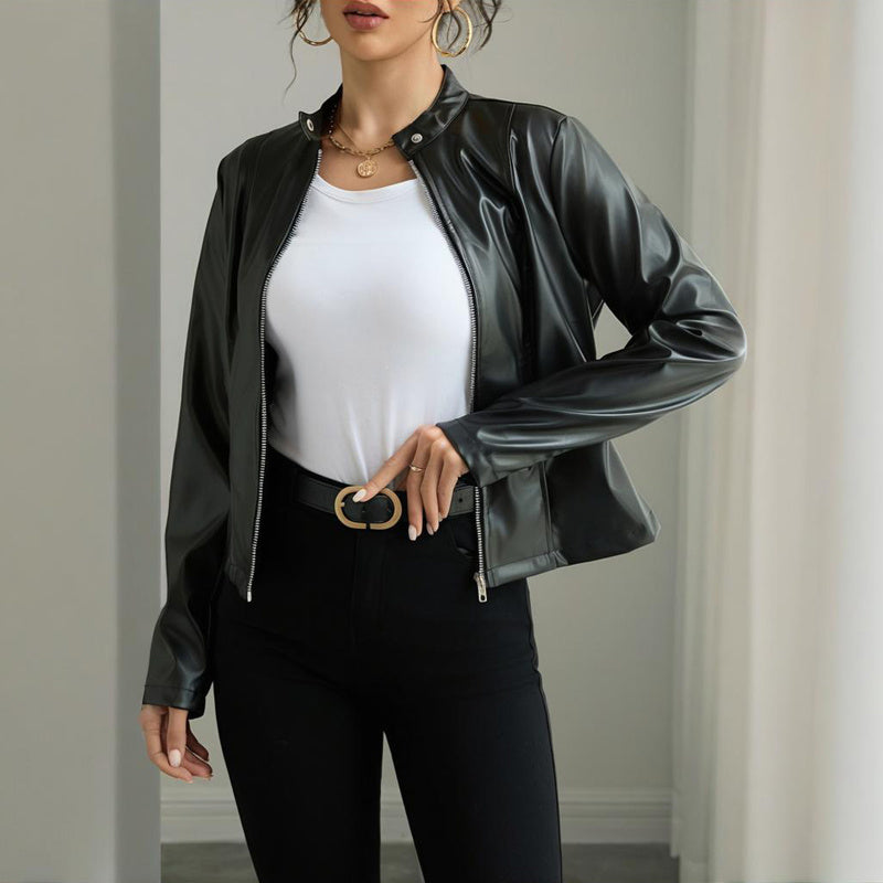 Women's Faux Leather Stand Collar Blazer Jacket