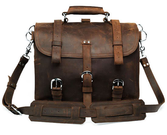Side profile of crazy horse leather travel bag showing depth and structure