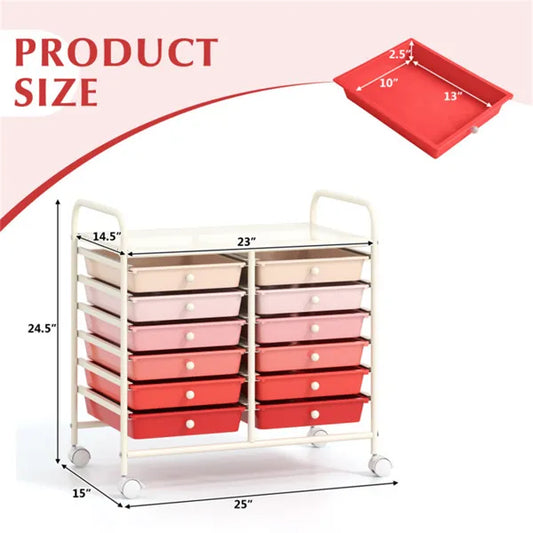 12-Drawer Rolling Storage Cart - 2-Row 10-Storey, Multicolor Drawers, 4 Wheels (2 Brake), White Frame-Pink