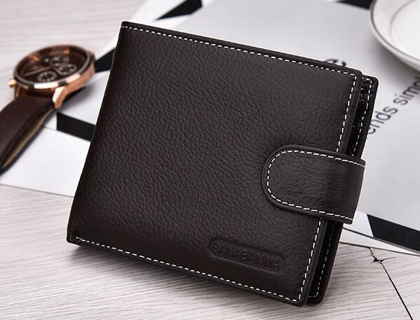 Men's genuine leather slim short wallet, closed back view; Al-Noor Bazaar