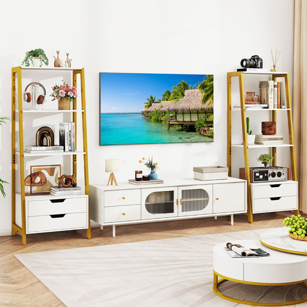 4-Tier Ladder Shelf with 2 Drawers – 52.5” Freestanding Bookcase for Living Room & Office