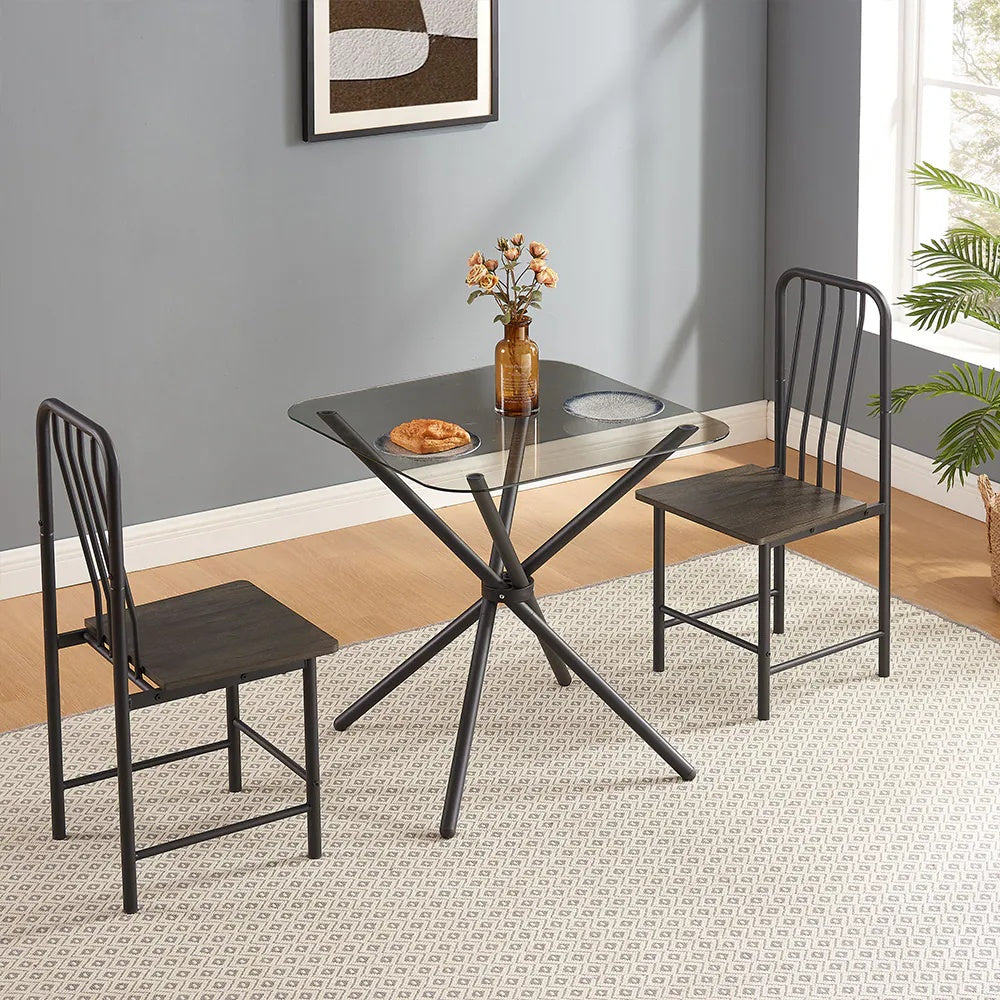Modern Black & Brown Dining Set for Two | Tempered Glass Top Table with Metal Chairs | Small Space Furniture