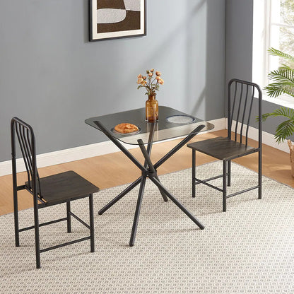 Modern Black & Brown Dining Set for Two | Tempered Glass Top Table with Metal Chairs | Small Space Furniture