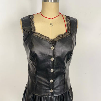 Women's Faux Leather Vest,  Sexy Lace Trim V-Neck Sleeveless Top For Club & Y2K Party