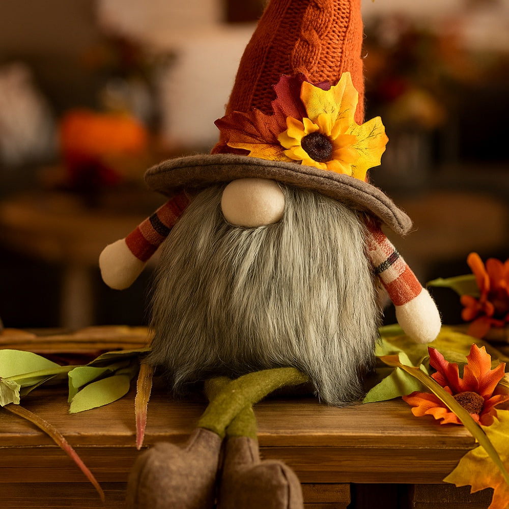 2PCS Set Christmas Gnome Decorations 5.5x3.5x20.5in Fabric Sitting Gnomes With Orange Hat & Maple Leaf Ideal For Fall Harvest & Thanksgiving Decor