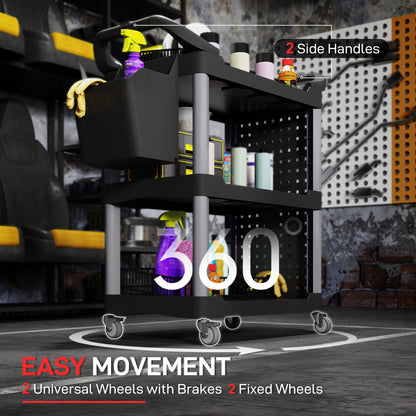 3-Tier Rolling Tool Cart, 200 LBS Capacity Plastic Utility Cart With Side Shelf And Bucket, Black And Light Gray