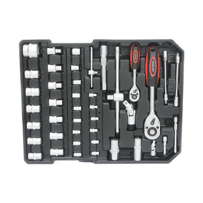 Black Manual Toolbox With 4 Layers Of Tool Sets And Wheels