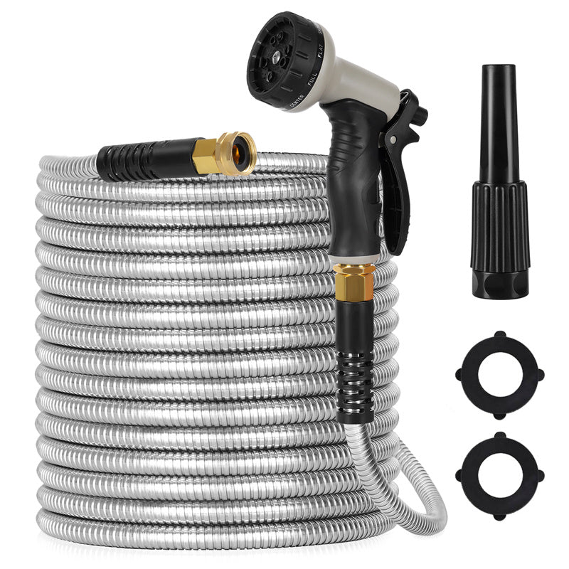 100ft Stainless Steel Metal Garden Hose with Adjustable Spray Nozzles