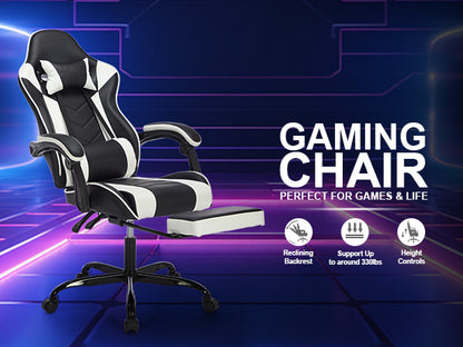 Gaming Chair With Footrest, Ergonomic Computer Chair With Headrest And Lumbar Support, Breathable Material Height Adjustable Video Game Chairs For Adults, Black White