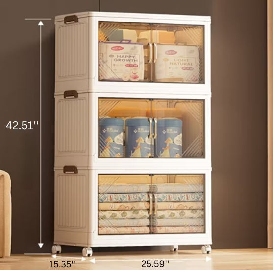 Collapsible Storage Bin (3-Layer) | Foldable Clothes Organizer with Clear Front Door | Stackable Beige Container