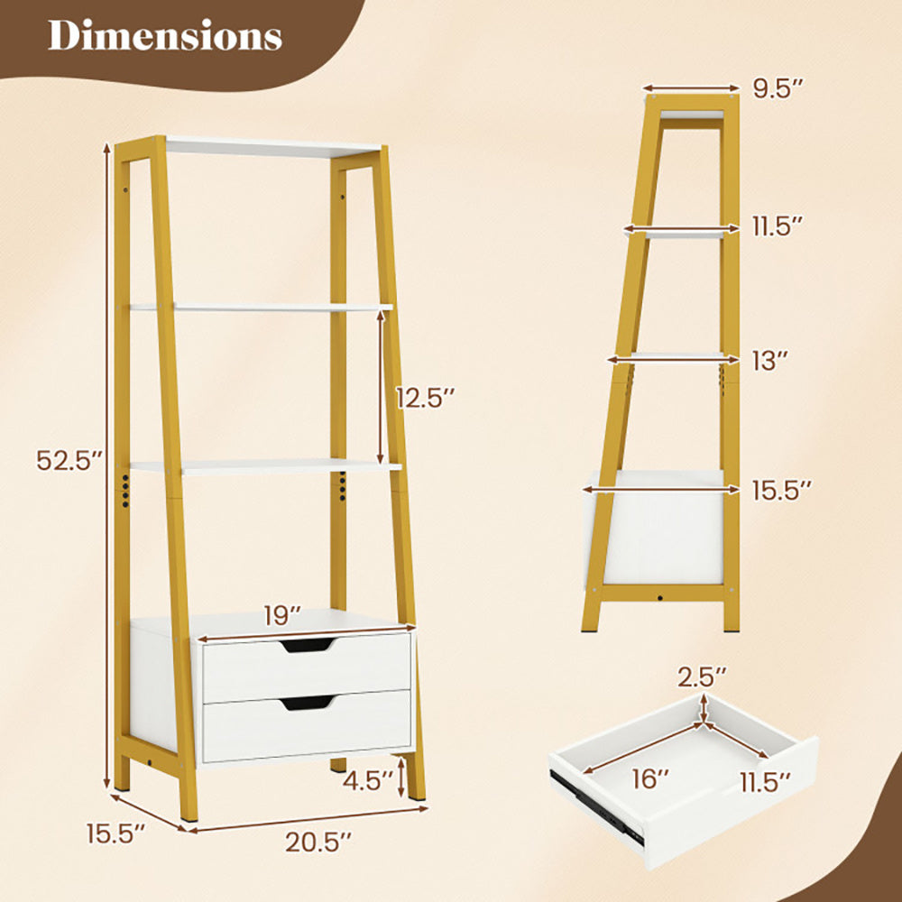 4-Tier Ladder Shelf with 2 Drawers – 52.5” Freestanding Bookcase for Living Room & Office