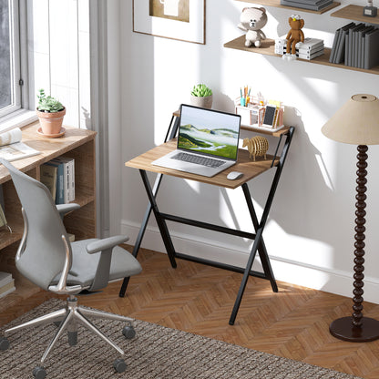 Folding Computer Desk with Monitor Shelf – Compact Home Office Desk for Small Spaces, Easy Assembly, Walnut