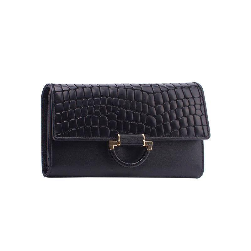 Women’s Genuine Cowhide Leather Long Wallet with Buckle Closure