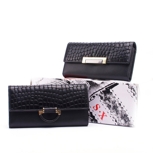 Women’s Genuine Cowhide Leather Long Wallet with Buckle Closure