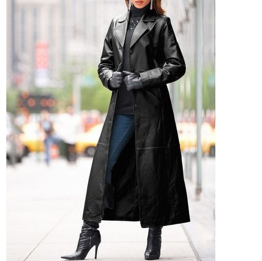 American women's leather long coat