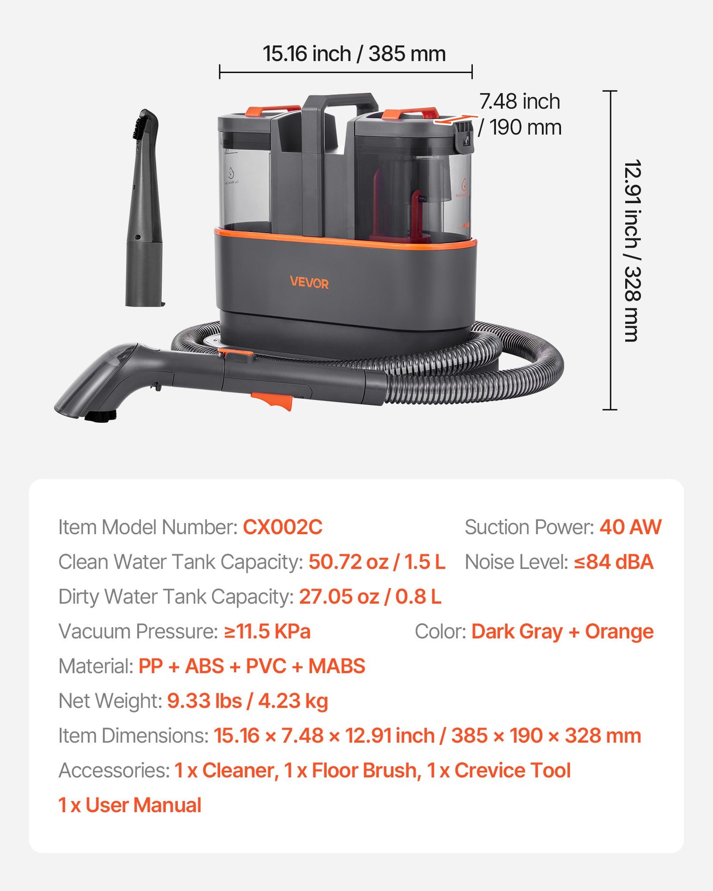 Portable Carpet Cleaner Machine Dual-Water Tank 11.5Kpa Upholstery Cleaner