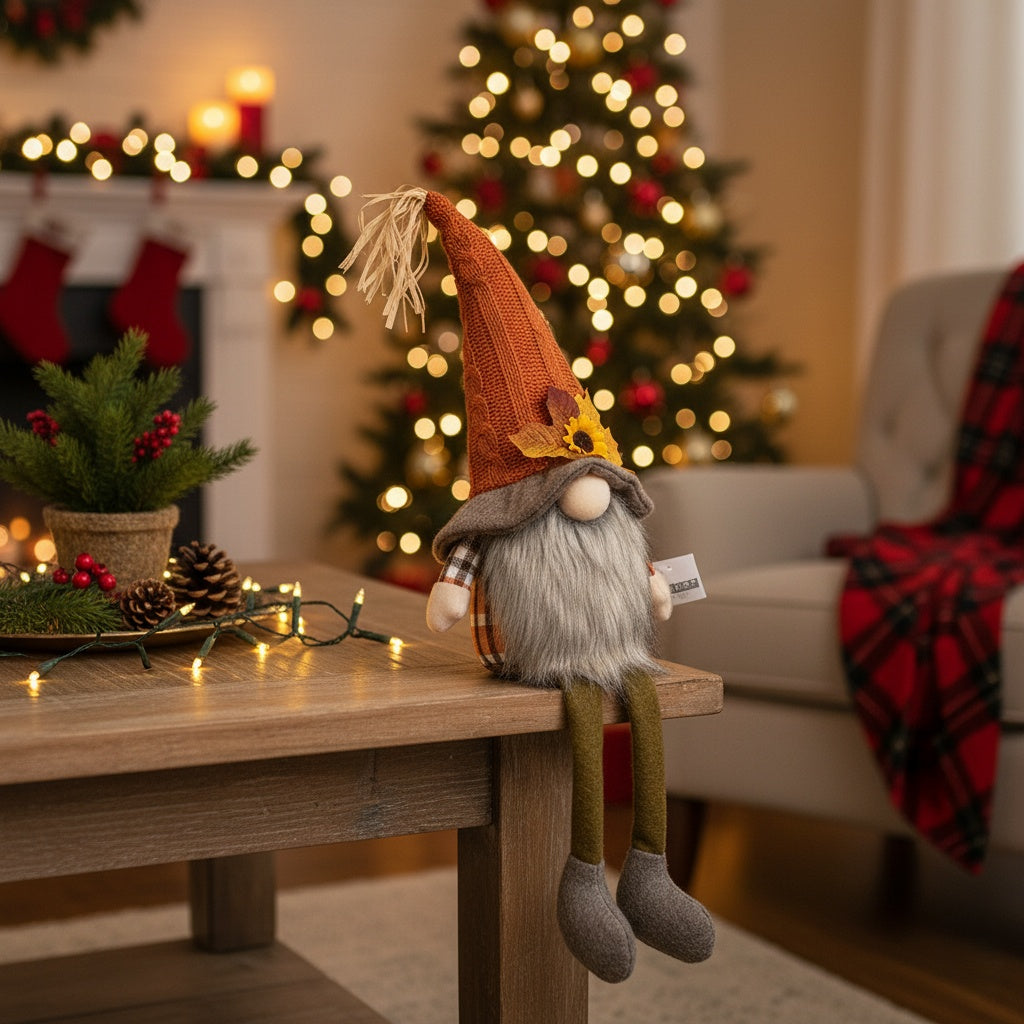 2PCS Set Christmas Gnome Decorations 5.5x3.5x20.5in Fabric Sitting Gnomes With Orange Hat & Maple Leaf Ideal For Fall Harvest & Thanksgiving Decor