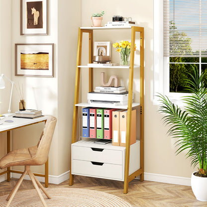 4-Tier Ladder Shelf with 2 Drawers – 52.5” Freestanding Bookcase for Living Room & Office