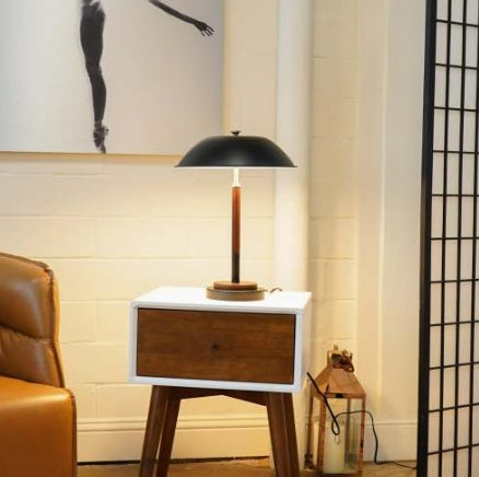 Modern Black Umbrella Table Lamp | Walnut Solid Wood Base & Metal Dome Shade | Decorative Nightstand/Desk Light (18" H)