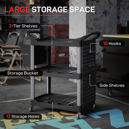 3-Tier Rolling Tool Cart, 200 LBS Capacity Plastic Utility Cart With Side Shelf And Bucket, Black And Light Gray