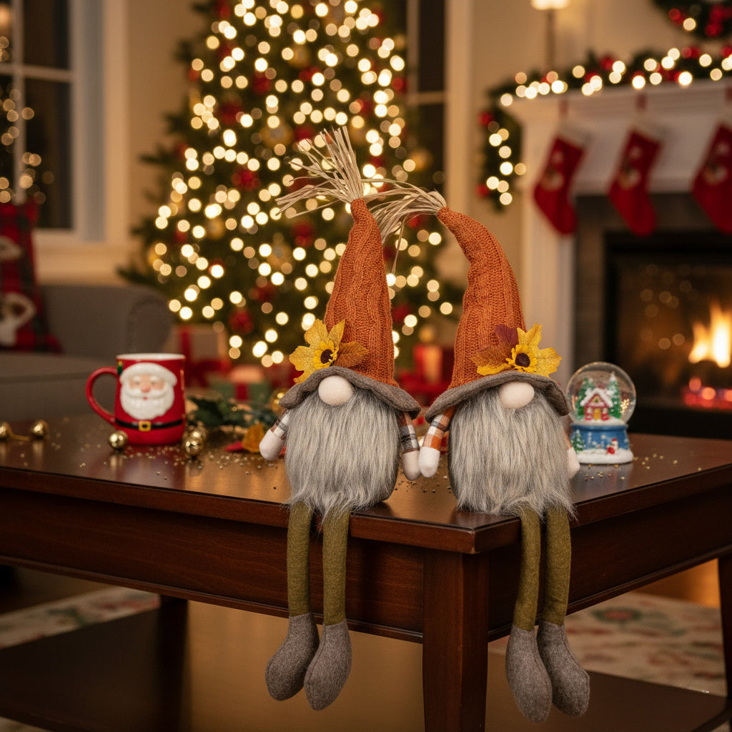 2PCS Set Christmas Gnome Decorations 5.5x3.5x20.5in Fabric Sitting Gnomes With Orange Hat & Maple Leaf Ideal For Fall Harvest & Thanksgiving Decor