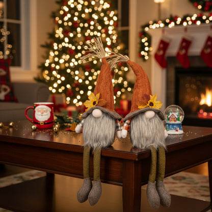 2PCS Set Christmas Gnome Decorations 5.5x3.5x20.5in Fabric Sitting Gnomes With Orange Hat & Maple Leaf Ideal For Fall Harvest & Thanksgiving Decor