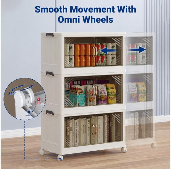 Collapsible Storage Bin (3-Layer) | Foldable Clothes Organizer with Clear Front Door | Stackable Beige Container