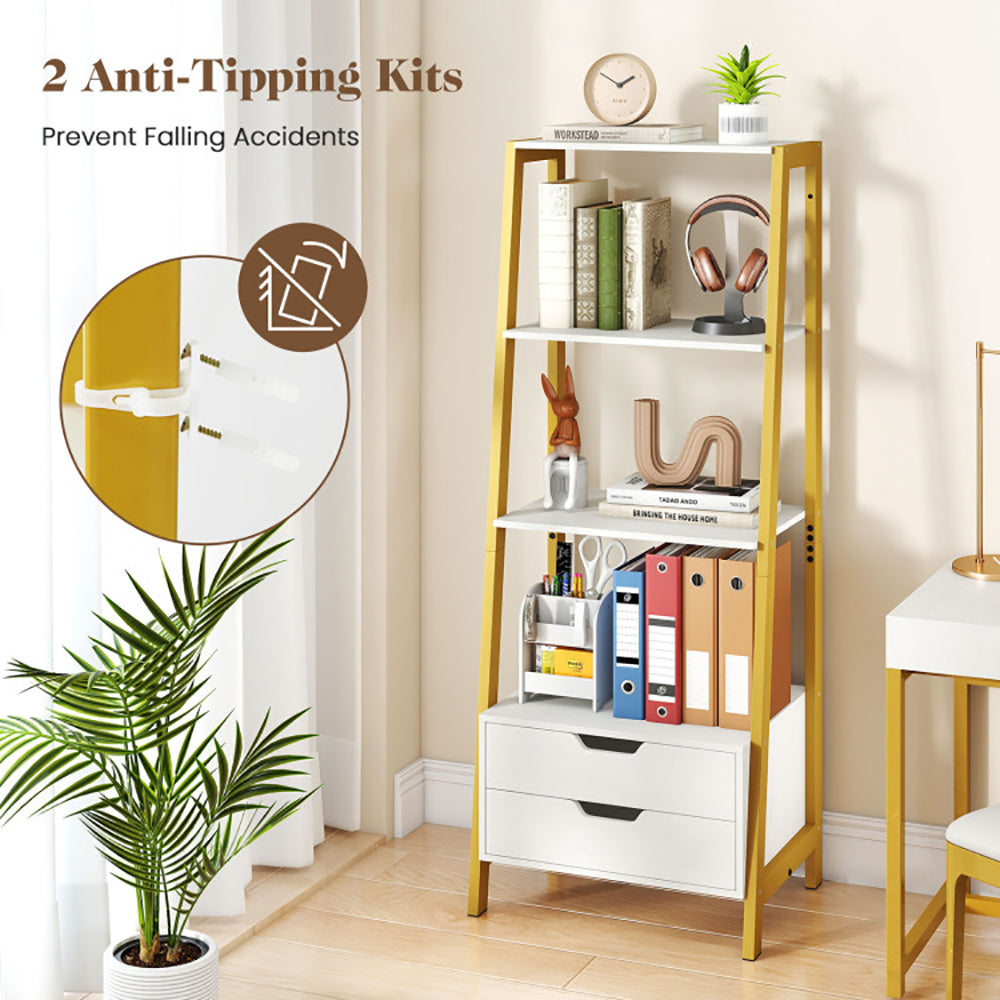 4-Tier Ladder Shelf with 2 Drawers – 52.5” Freestanding Bookcase for Living Room & Office