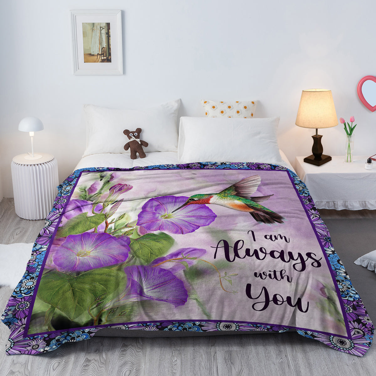 1pc Purple Morning Glory Hummingbird Print Flannel Blanket, Comfortable And Warm Home Throw For Bed, Sofa, Camping, And Multi-Scene Use With Seasonal Versatility