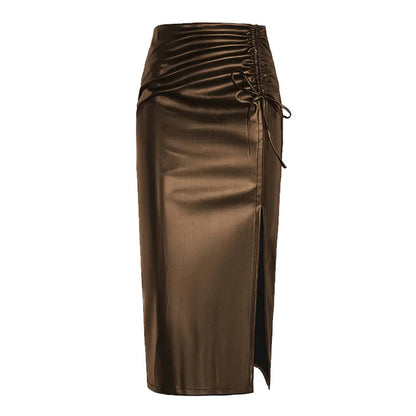 Women's Solid Color PU Leather Pencil Skirt, Drawstring Waist Bodycon Midi Skirt With Slit Hem