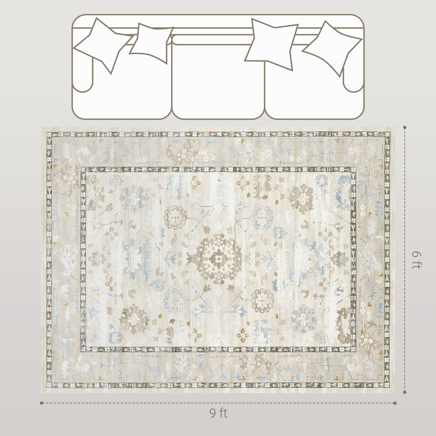 6x9 Area Rug, Indoor Boho Machine Washable Carpet For Living Room, Bedroom, Dining Room, Kitchen, Blue