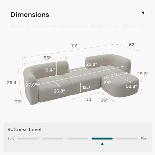 Acanva Luxury Modern Tight Curved Back Velvet Sofa, Minimalist Style Comfy Couch for Living Room Apartment, 4 Seater Modular Sectional, Cream