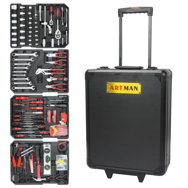 Black Manual Toolbox With 4 Layers Of Tool Sets And Wheels