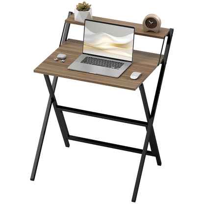 Folding Computer Desk with Monitor Shelf – Compact Home Office Desk for Small Spaces, Easy Assembly, Walnut