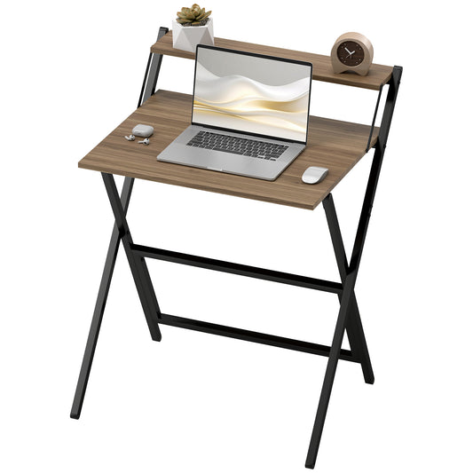 Folding Computer Desk with Monitor Shelf – Compact Home Office Desk for Small Spaces, Easy Assembly, Walnut