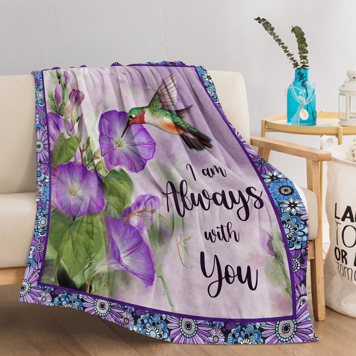 1pc Purple Morning Glory Hummingbird Print Flannel Blanket, Comfortable And Warm Home Throw For Bed, Sofa, Camping, And Multi-Scene Use With Seasonal Versatility