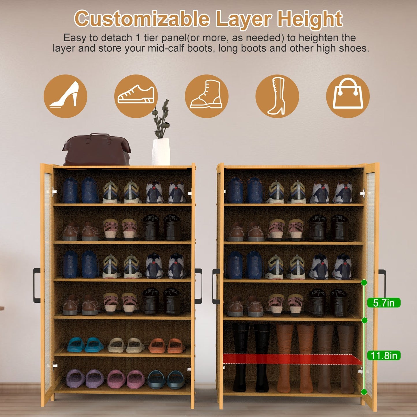 6-Tier Bamboo Shoe Cabinet with Doors – Freestanding Shoe Rack Organizer for Closet, Hallway, Living Room, 154lbs Max Load