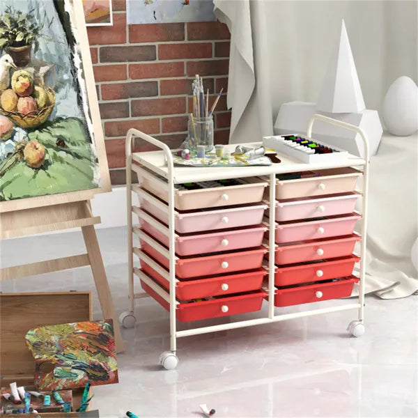 12-Drawer Rolling Storage Cart - 2-Row 10-Storey, Multicolor Drawers, 4 Wheels (2 Brake), White Frame-Pink