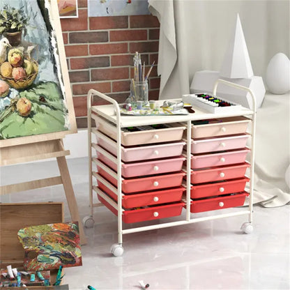 12-Drawer Rolling Storage Cart - 2-Row 10-Storey, Multicolor Drawers, 4 Wheels (2 Brake), White Frame-Pink