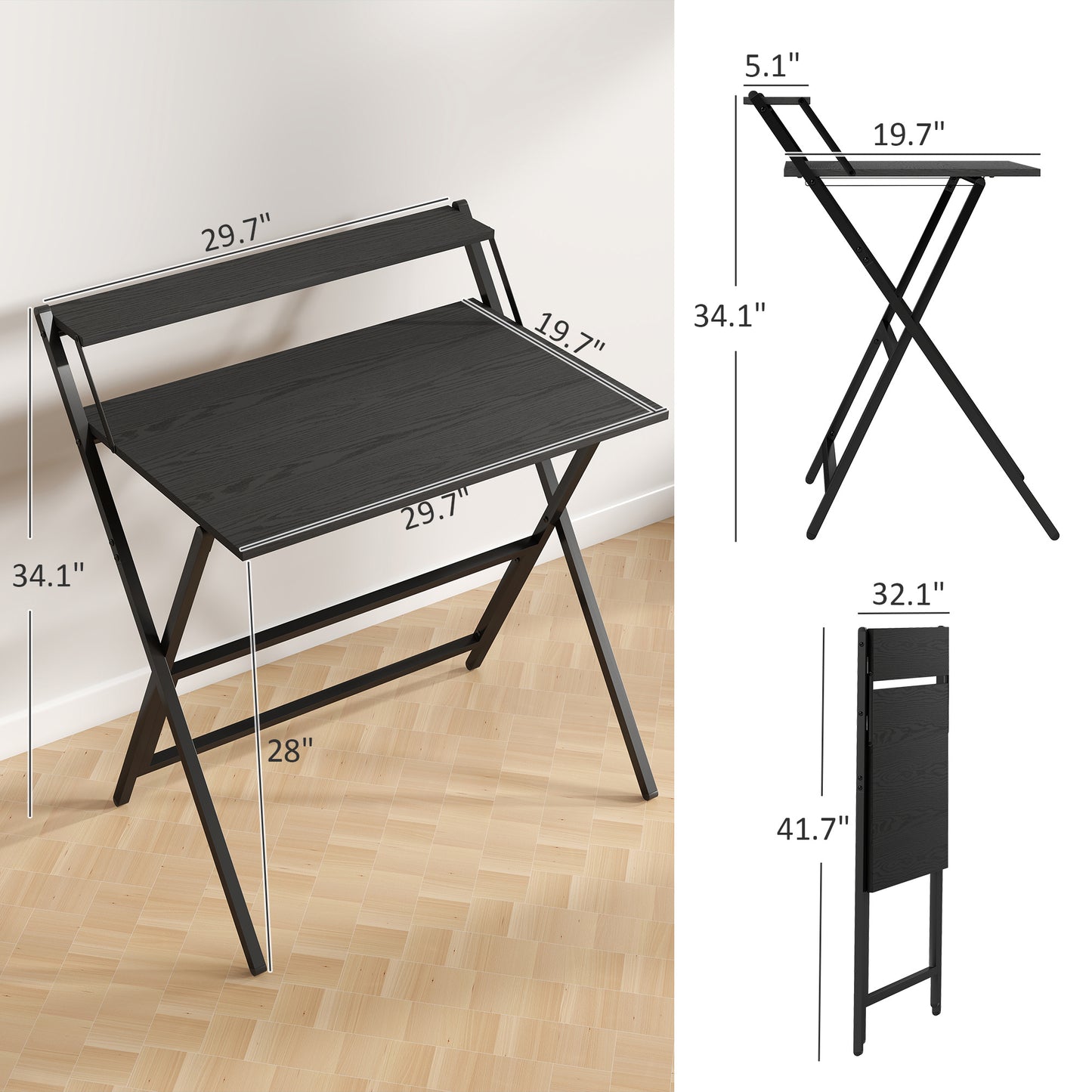 Folding Computer Desk, 32 Foldable Desk With Monitor Shelf For Small Space, Home Office, Study, Easy Assembly, Black